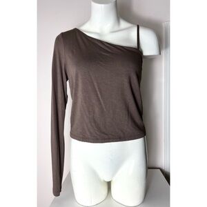 Mixed Threads LA Brown One Shoulder Long Sleeve Crop Top Rayon Shirt Size XL